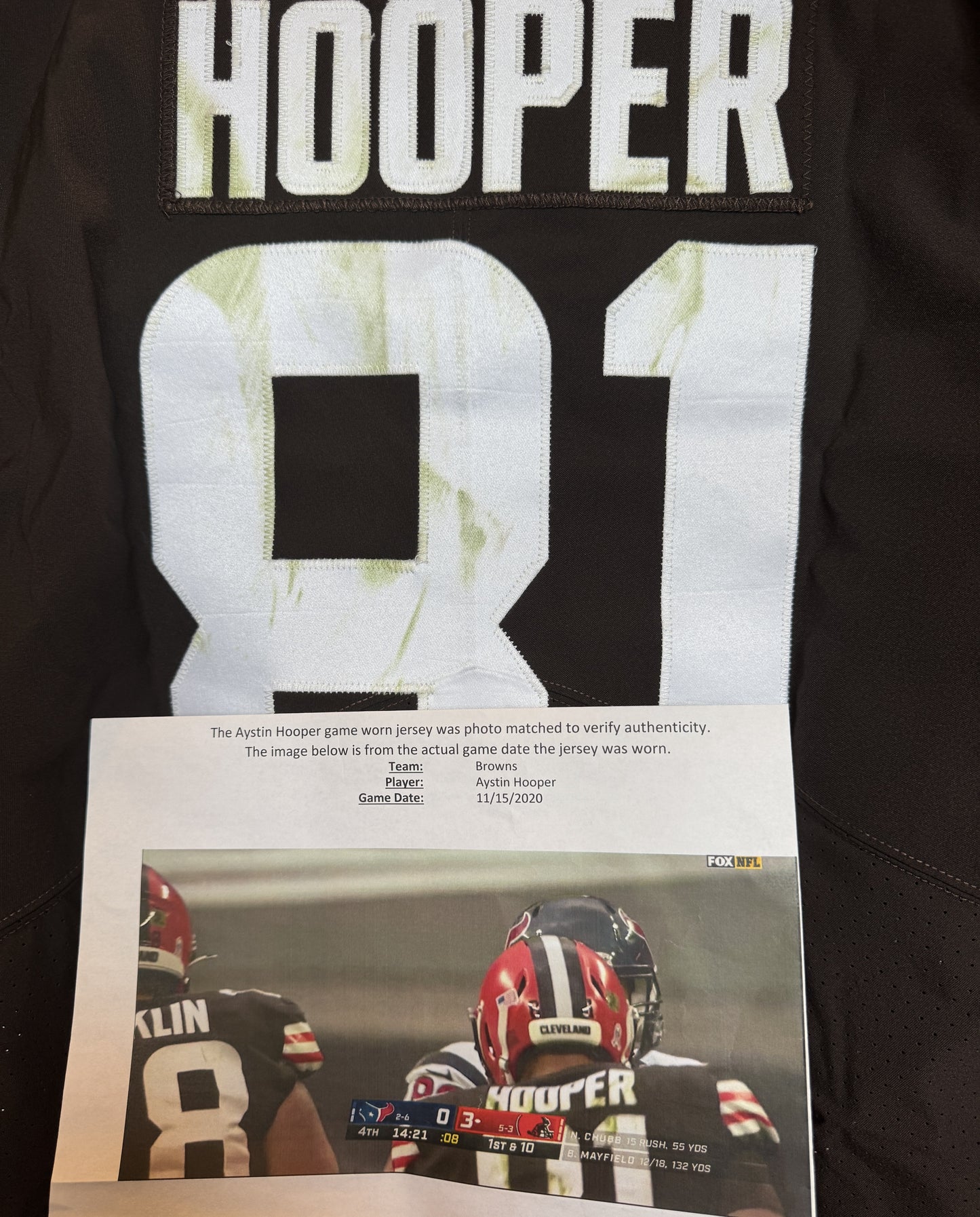Austin Hooper GAME-WORN 11/15/20💪PHOTO-MATCHED📸Cleveland Browns NFL Jersey👕vs. Houston Texans