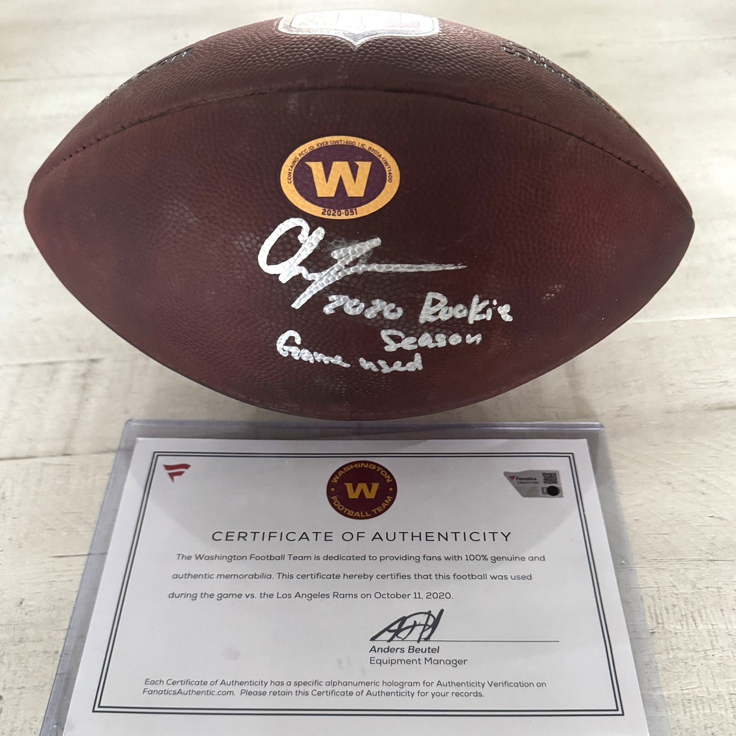Chase Young GAME-USED & HAND-SIGNED Washington Commanders | NFL Wilson Duke Football – “2020 Rookie Season Game Used” Inscription | 10/11/20 vs. Rams | Fanatics COA ❤️💛