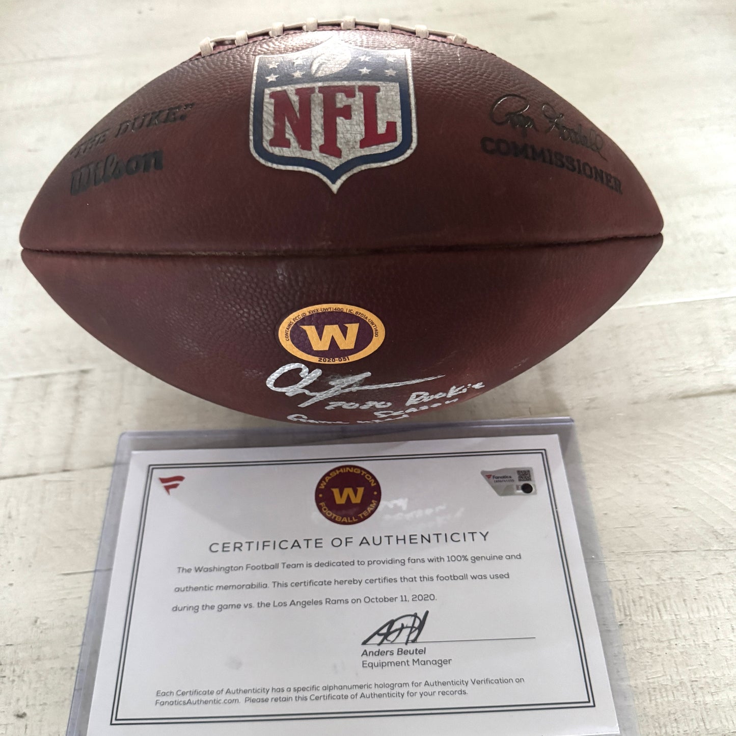 Chase Young GAME-USED & HAND-SIGNED Washington Commanders | NFL Wilson Duke Football – “2020 Rookie Season Game Used” Inscription | 10/11/20 vs. Rams | Fanatics COA ❤️💛