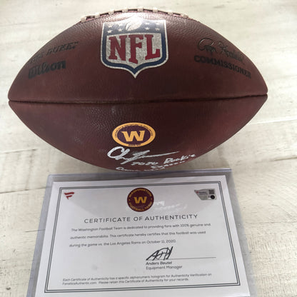 Chase Young GAME-USED & HAND-SIGNED Washington Commanders | NFL Wilson Duke Football – “2020 Rookie Season Game Used” Inscription | 10/11/20 vs. Rams | Fanatics COA ❤️💛