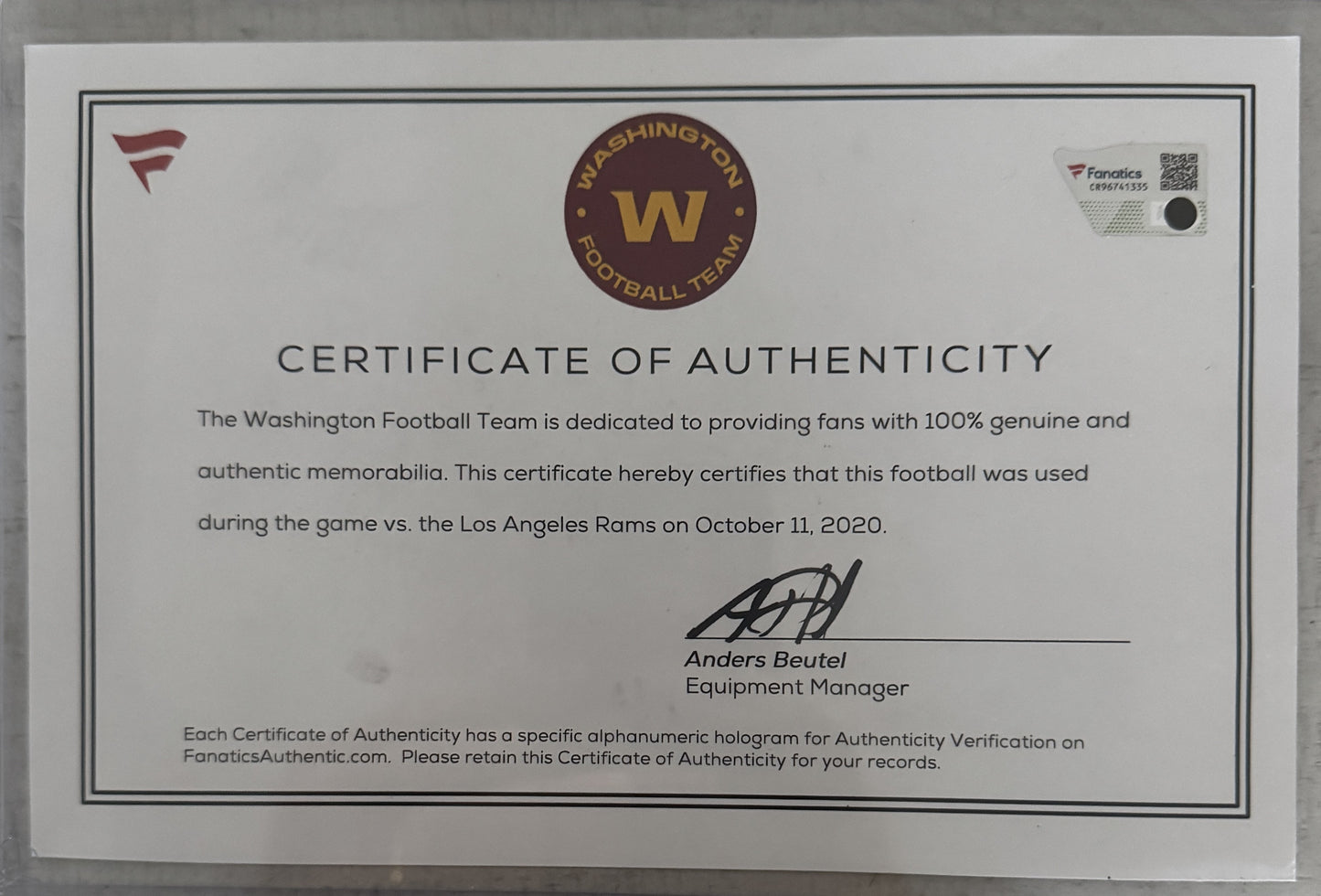 Chase Young GAME-USED & HAND-SIGNED Washington Commanders | NFL Wilson Duke Football – “2020 Rookie Season Game Used” Inscription | 10/11/20 vs. Rams | Fanatics COA ❤️💛