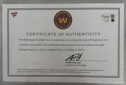 Chase Young GAME-USED & HAND-SIGNED Washington Commanders | NFL Wilson Duke Football – “2020 Rookie Season Game Used” Inscription | 10/11/20 vs. Rams | Fanatics COA ❤️💛