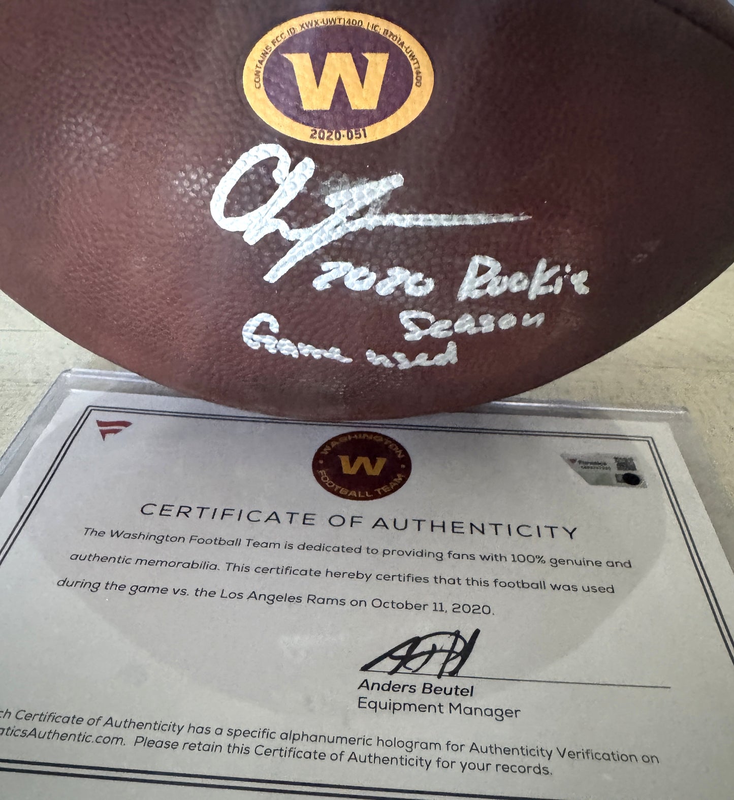 Chase Young GAME-USED & HAND-SIGNED Washington Commanders | NFL Wilson Duke Football – “2020 Rookie Season Game Used” Inscription | 10/11/20 vs. Rams | Fanatics COA ❤️💛