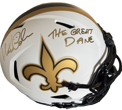 Morten Andersen Signed New Orleans Saints ⚜️ Full Size Authentic On Field Lunar Eclipse Alternate Speed Helmet Inscribed "The Great Dane"