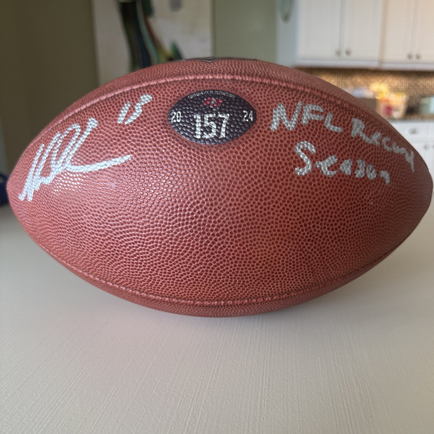 Mike Evans GAME USED 💪 Signed + Inscribed 🖊️ Tampa Bay Buccaneers Wilson Duke Football 24-25 Season Inscribed "NFL Record Season" Inc. Proof of Authenticity