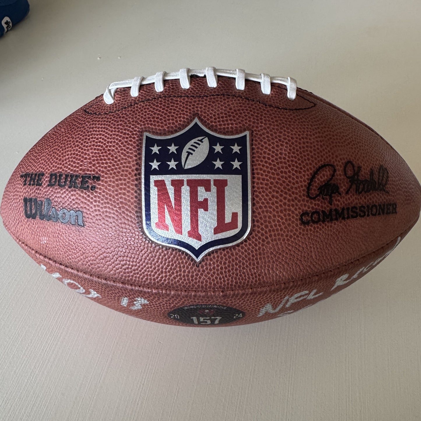 Mike Evans GAME USED 💪 Signed + Inscribed 🖊️ Tampa Bay Buccaneers Wilson Duke Football 24-25 Season Inscribed "NFL Record Season" Inc. Proof of Authenticity
