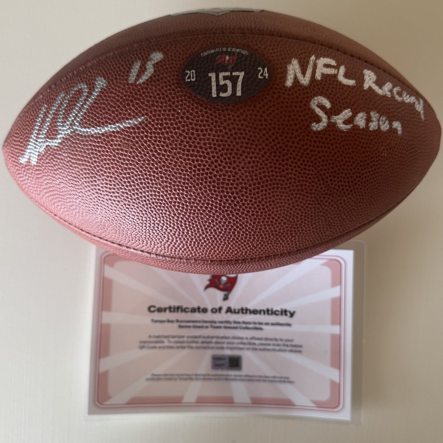 Mike Evans GAME USED 💪 Signed + Inscribed 🖊️ Tampa Bay Buccaneers Wilson Duke Football 24-25 Season Inscribed "NFL Record Season" Inc. Proof of Authenticity