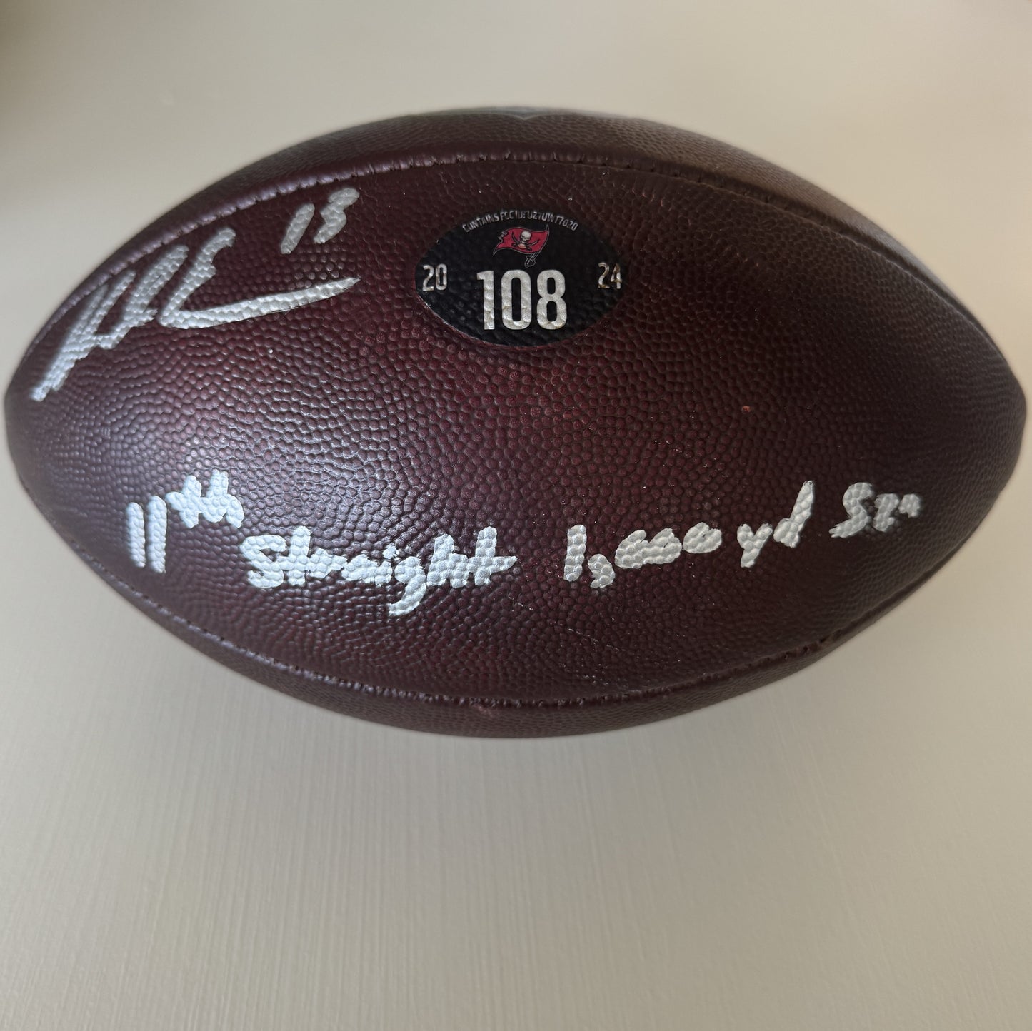 Mike Evans GAME USED 💪 Signed + Inscribed Football Tampa Bay Buccaneers 24-25 Season Inscribed “11th Straight 1,000 yd Szn”