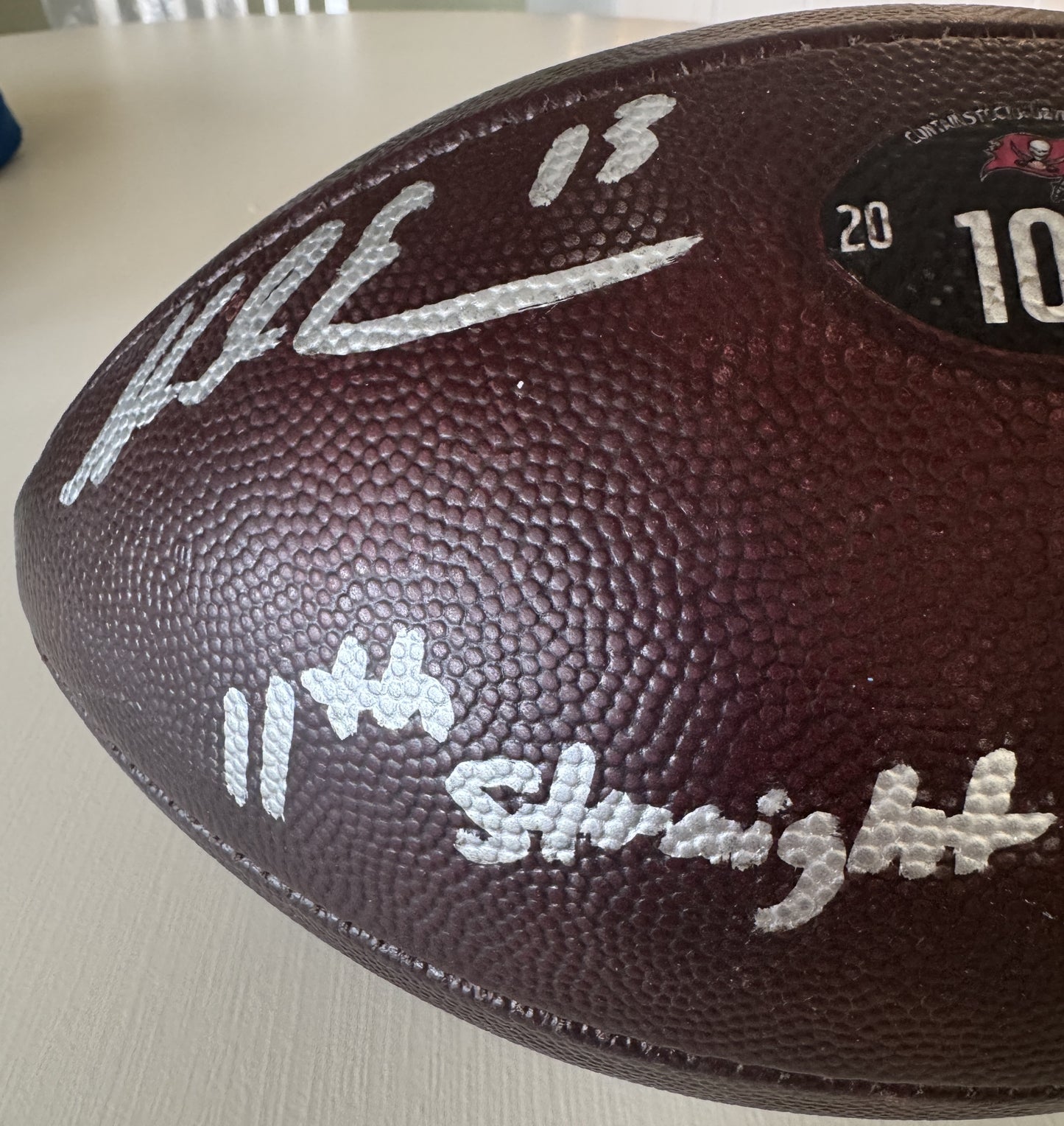 Mike Evans GAME USED 💪 Signed + Inscribed Football Tampa Bay Buccaneers 24-25 Season Inscribed “11th Straight 1,000 yd Szn”