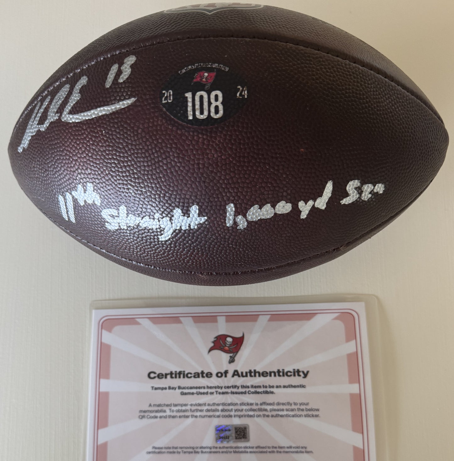 Mike Evans GAME USED 💪 Signed + Inscribed Football Tampa Bay Buccaneers 24-25 Season Inscribed “11th Straight 1,000 yd Szn”