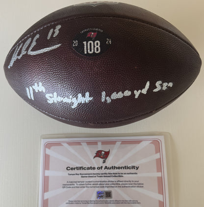 Mike Evans GAME USED 💪 Signed + Inscribed Football Tampa Bay Buccaneers 24-25 Season Inscribed “11th Straight 1,000 yd Szn”