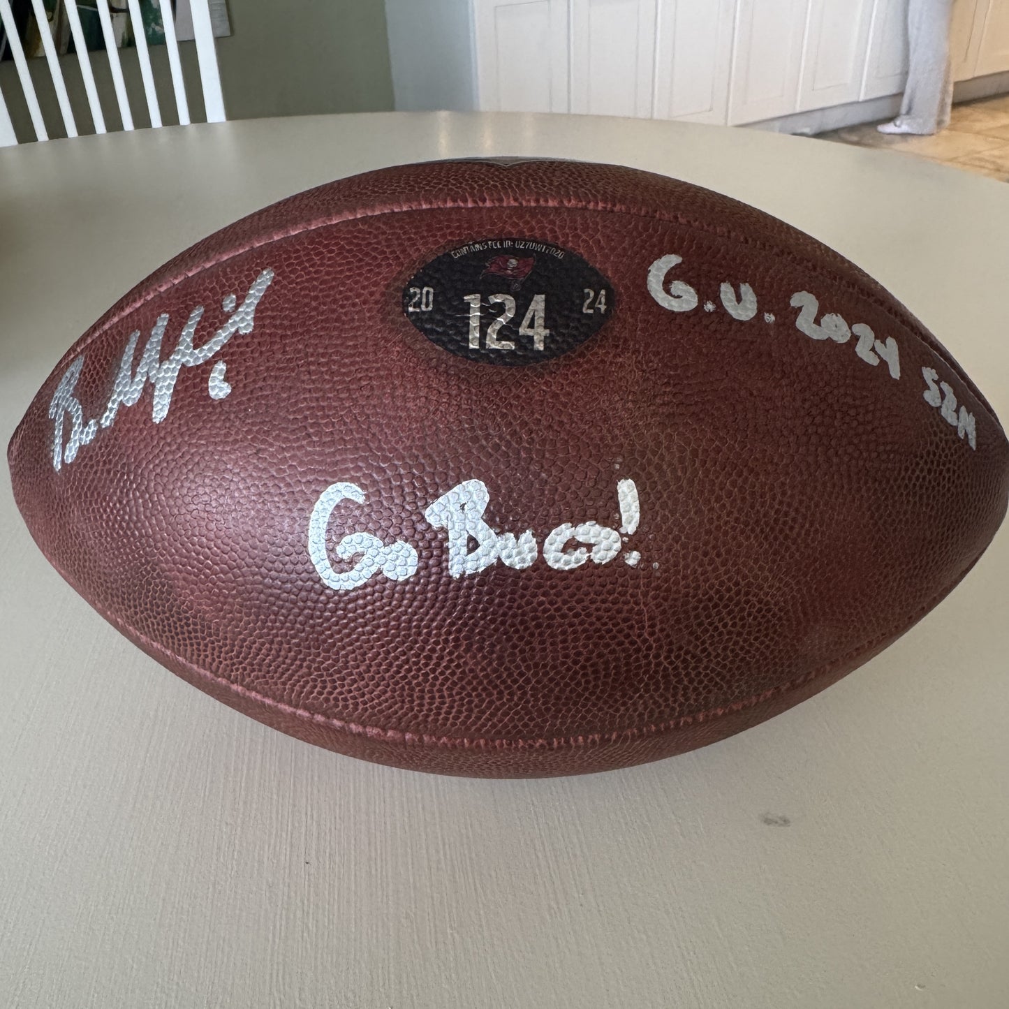 Baker Mayfield GAME USED 💪 and Signed + Inscribed Tampa Bay Buccaneers Wilson DUKE Ball Inscribed "G.U. 2024 Szn   Go Bucs!" Proof of Authenticity included 📄