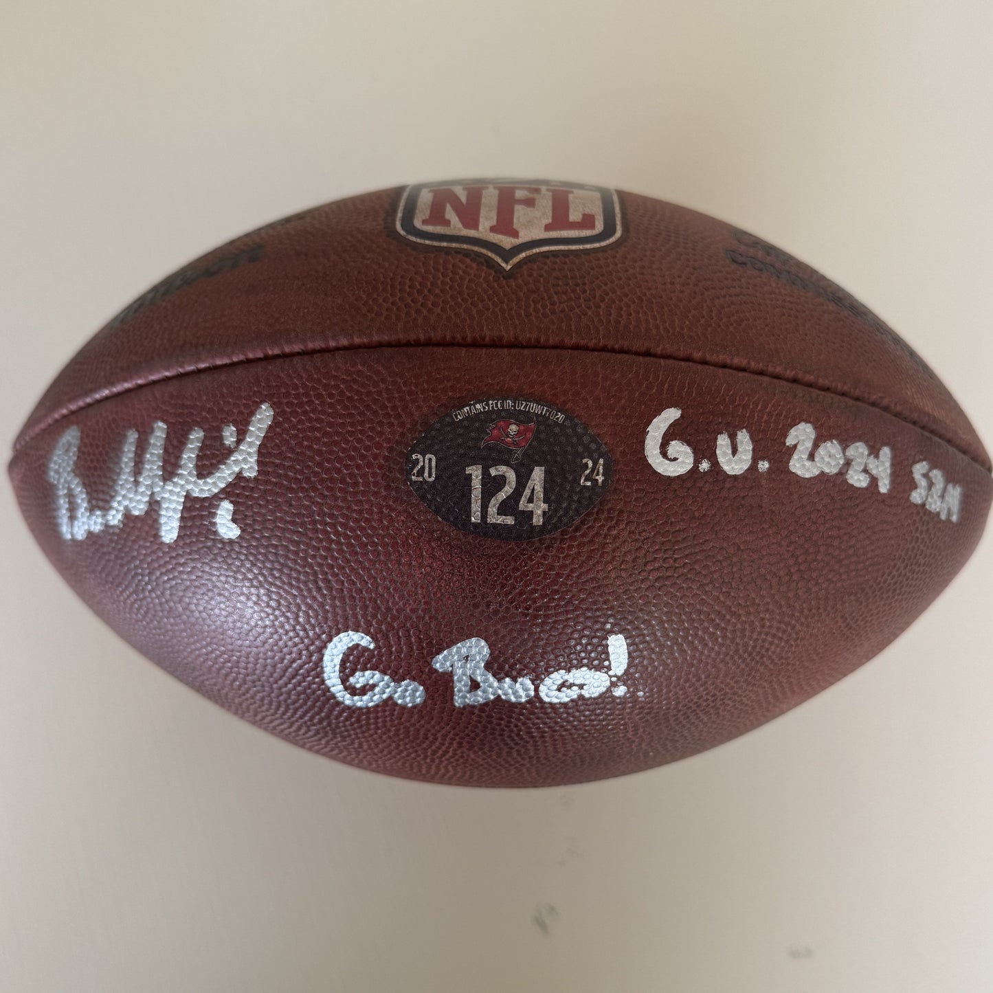 Baker Mayfield GAME USED 💪 and Signed + Inscribed Tampa Bay Buccaneers Wilson DUKE Ball Inscribed "G.U. 2024 Szn   Go Bucs!" Proof of Authenticity included 📄
