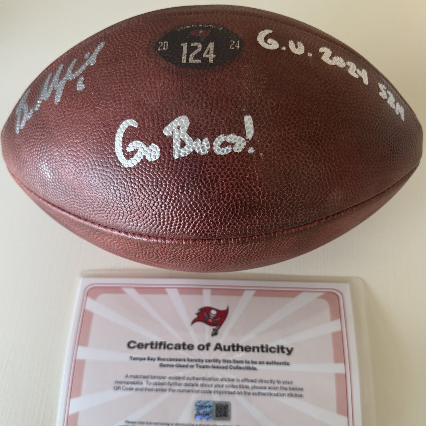 Baker Mayfield GAME USED 💪 and Signed + Inscribed Tampa Bay Buccaneers Wilson DUKE Ball Inscribed "G.U. 2024 Szn   Go Bucs!" Proof of Authenticity included 📄