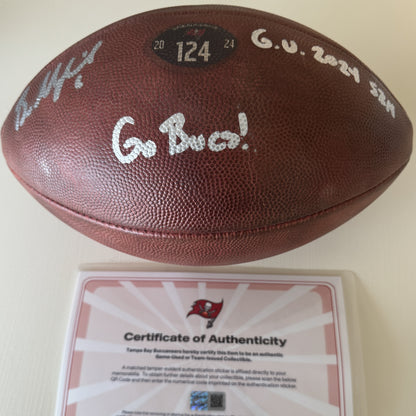 Baker Mayfield GAME USED 💪 and Signed + Inscribed Tampa Bay Buccaneers Wilson DUKE Ball Inscribed "G.U. 2024 Szn   Go Bucs!" Proof of Authenticity included 📄