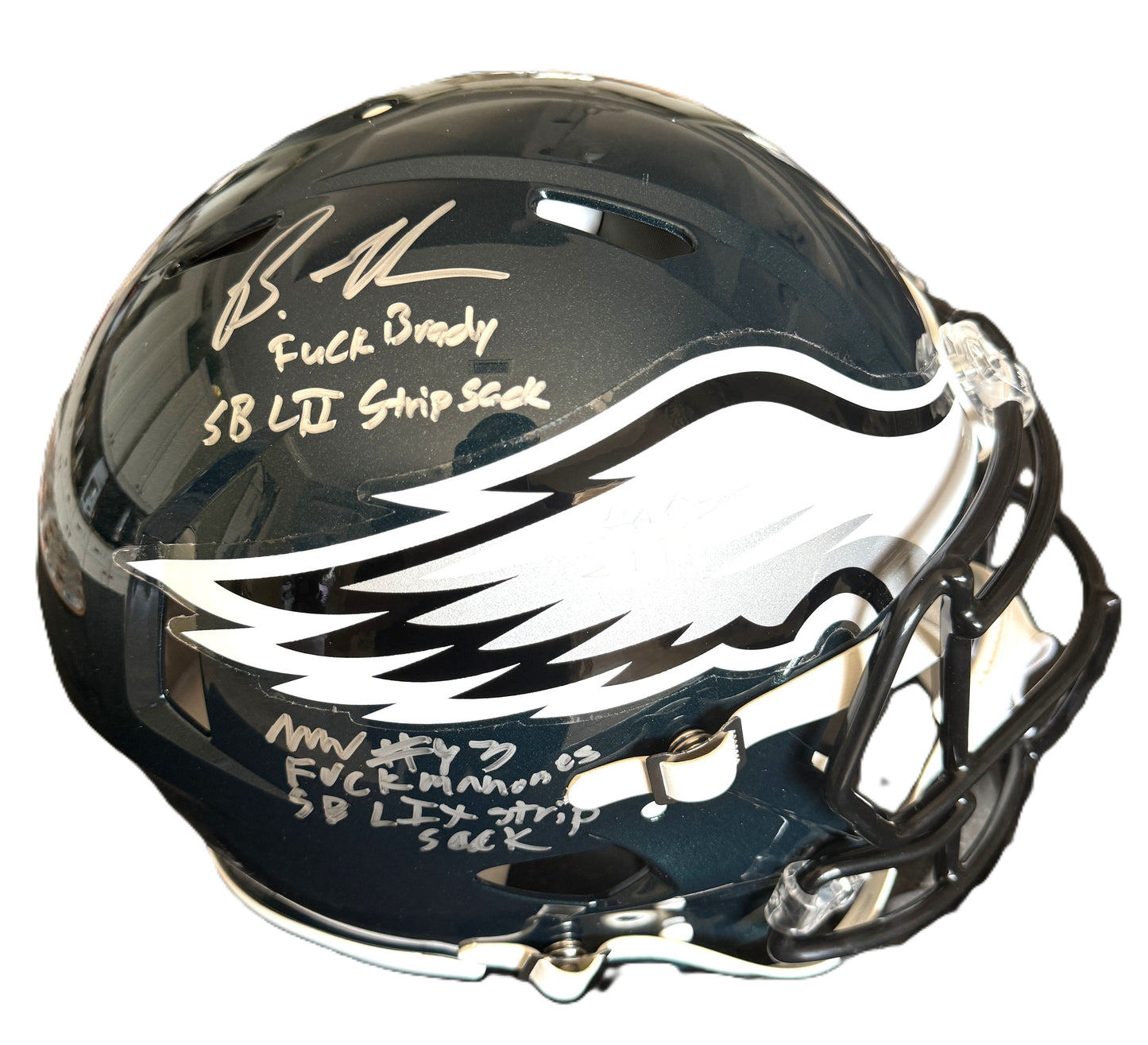 Brandon Graham + Milton Williams Signed + Inscribed Philadelphia Eagles🦅Full-Size Authentic NFL Speed Helmet - "F Brady SB LII Strip Sack" & "F Mahomes SB LIX Strip Sack"