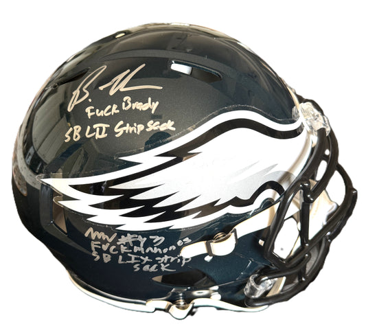 Brandon Graham + Milton Williams Signed + Inscribed Philadelphia Eagles🦅Full-Size Authentic NFL Speed Helmet - "F Brady SB LII Strip Sack" & "F Mahomes SB LIX Strip Sack"