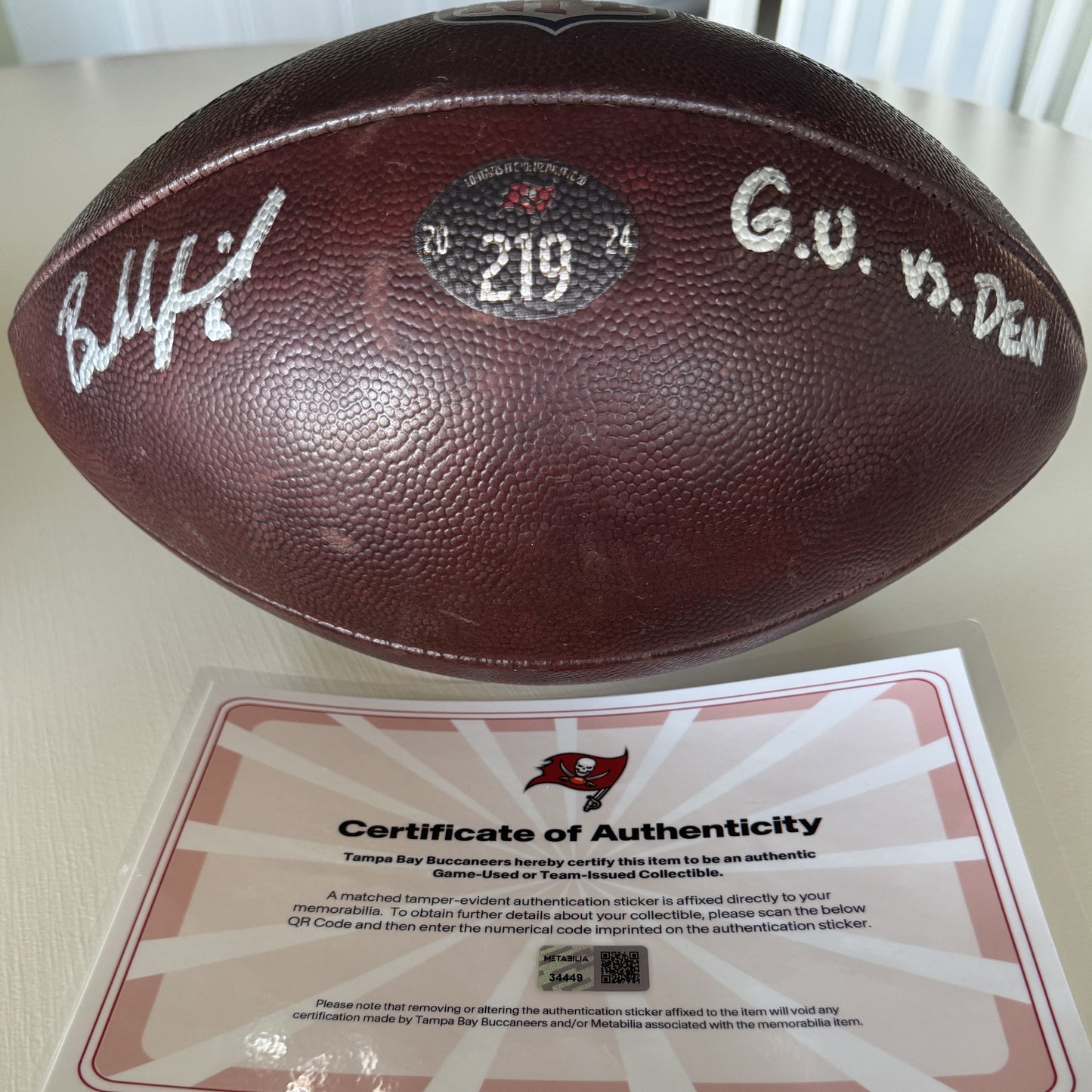 Baker Mayfield GAME USED 💪 PHOTO MATCED 📷 Tampa Bay Buccaneers Signed & Inscribed 🖊️ Wilson Duke Ball vs Broncos Proof of Authenticity included 🛡️
