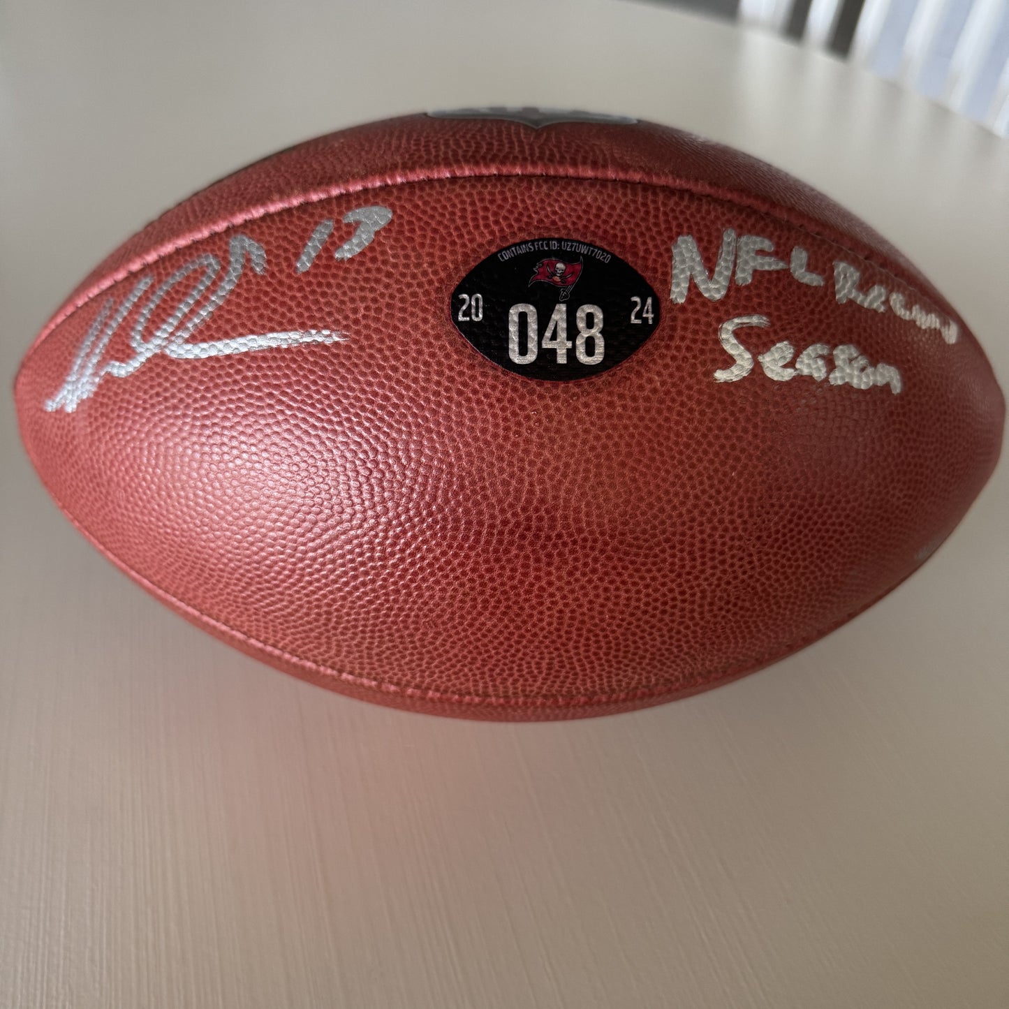 Mike Evans GAME USED 💪 Signed + Inscribed ✍️🖊️ Tampa Bay Buccaneers Wilson Duke Football 24-25 Season Inscribed "NFL Record Season" with Proof of Authenticity 🛡️