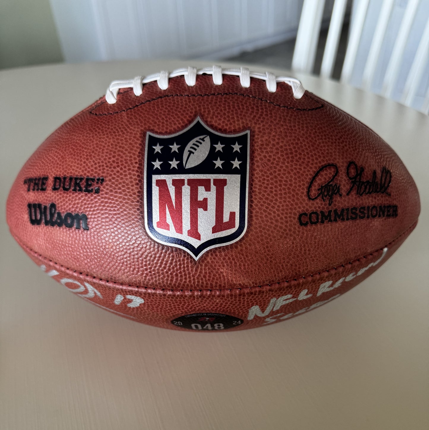 Mike Evans GAME USED 💪 Signed + Inscribed ✍️🖊️ Tampa Bay Buccaneers Wilson Duke Football 24-25 Season Inscribed "NFL Record Season" with Proof of Authenticity 🛡️
