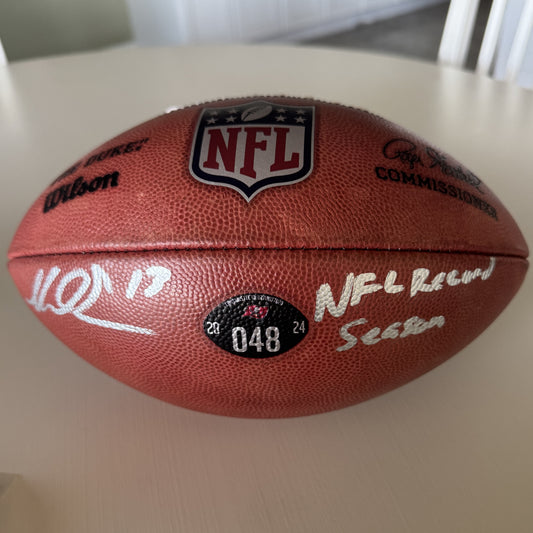 Mike Evans GAME USED 💪 Signed + Inscribed ✍️🖊️ Tampa Bay Buccaneers Wilson Duke Football 24-25 Season Inscribed "NFL Record Season" with Proof of Authenticity 🛡️