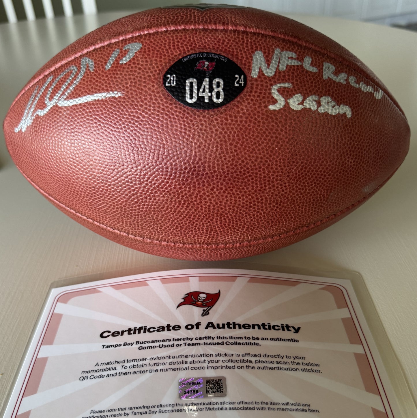 Mike Evans GAME USED 💪 Signed + Inscribed ✍️🖊️ Tampa Bay Buccaneers Wilson Duke Football 24-25 Season Inscribed "NFL Record Season" with Proof of Authenticity 🛡️