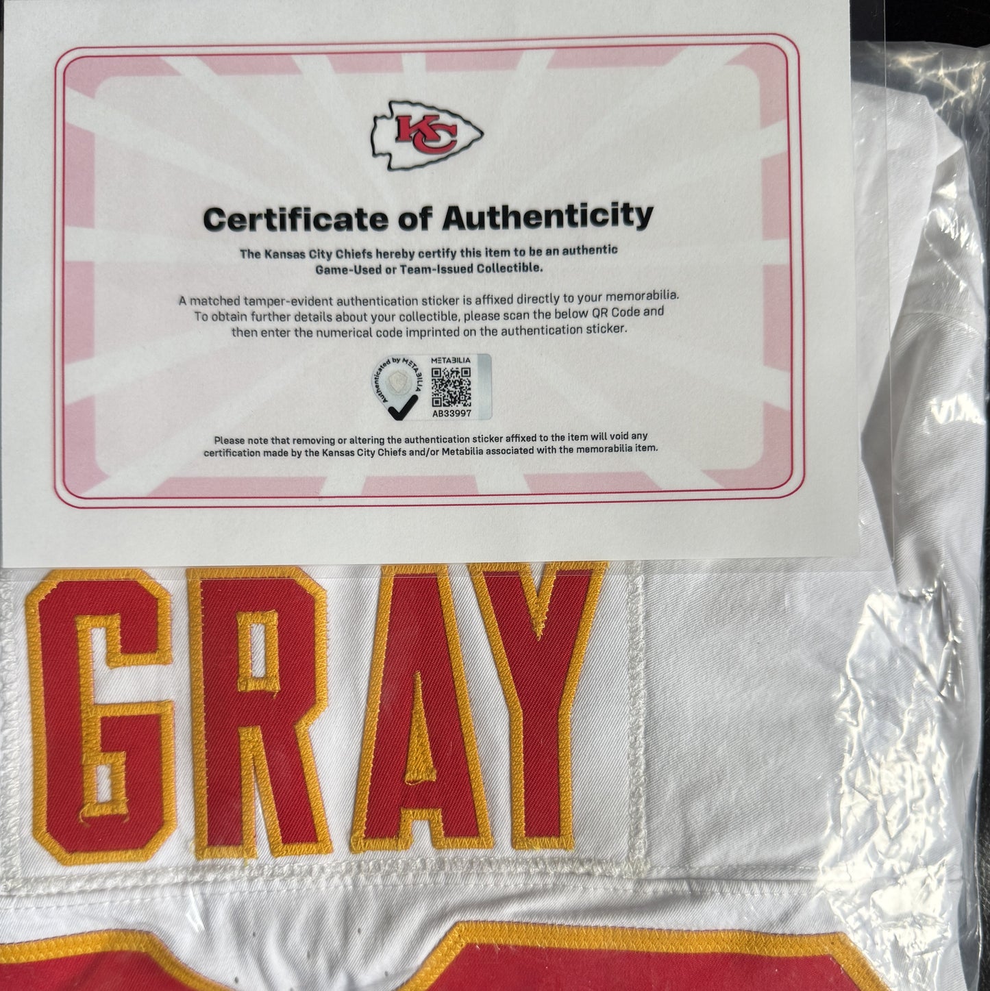 Noah Gray GAME WORN 10/06/25 Kansas City Chiefs Nike NFL Jersey vs. Jaguars inc. COA🛡️