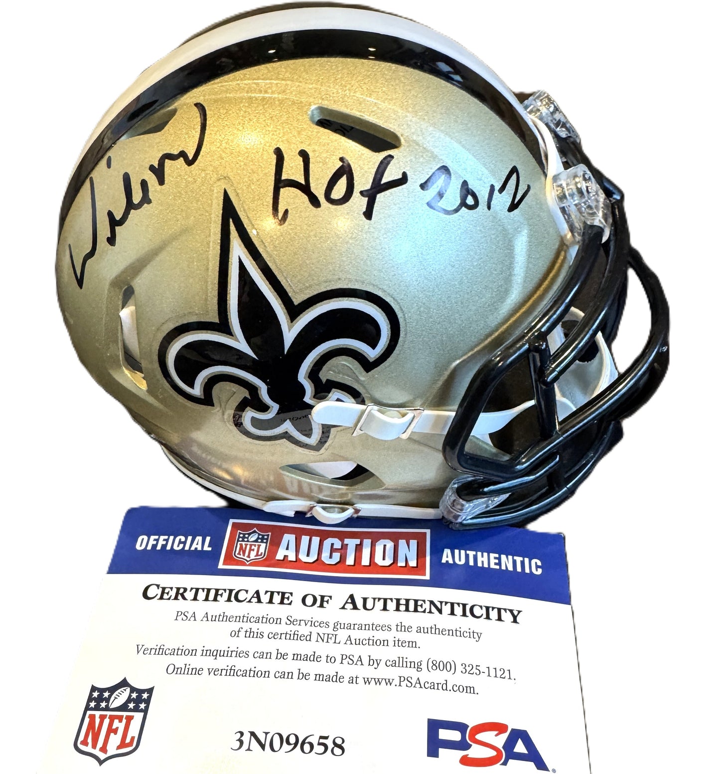 Willie Roaf Hand Signed ✍️ New Orleans Saints⚜️Replica Slate Speed Mini Helmet with "HOF 12" Inscription 🏈 Also includes PSA COA 🛡️