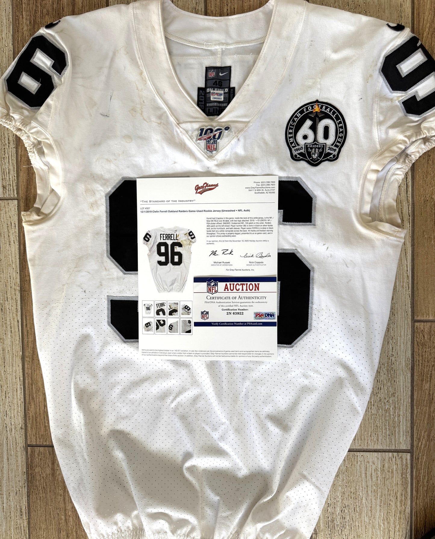 Clelin Ferrell GAME WORN💪12.01.19 Oakland Raiders⚫⚪Nike NFL Jersey 👕vs. Chiefs inc. COA 🛡️