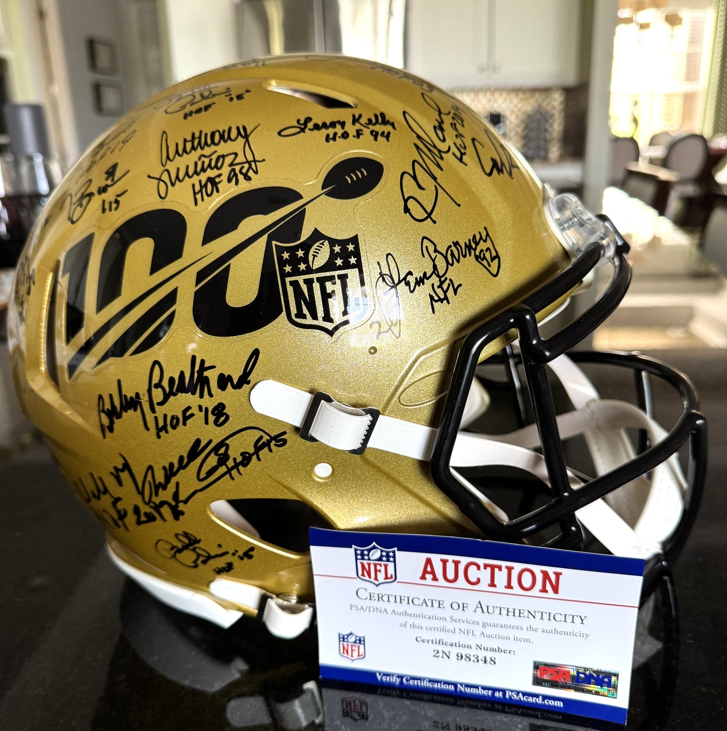 Multi Signed over 25 signatures ✍️ Gold 🟡 100th 💯 Season Authentic Full-size Speed NFL Helmet ✨ with PSA 🛡️Authenticity 🖊️Tony Dungy Mel Renfro Tim Brown Bobby Beathard Anthony Muñoz