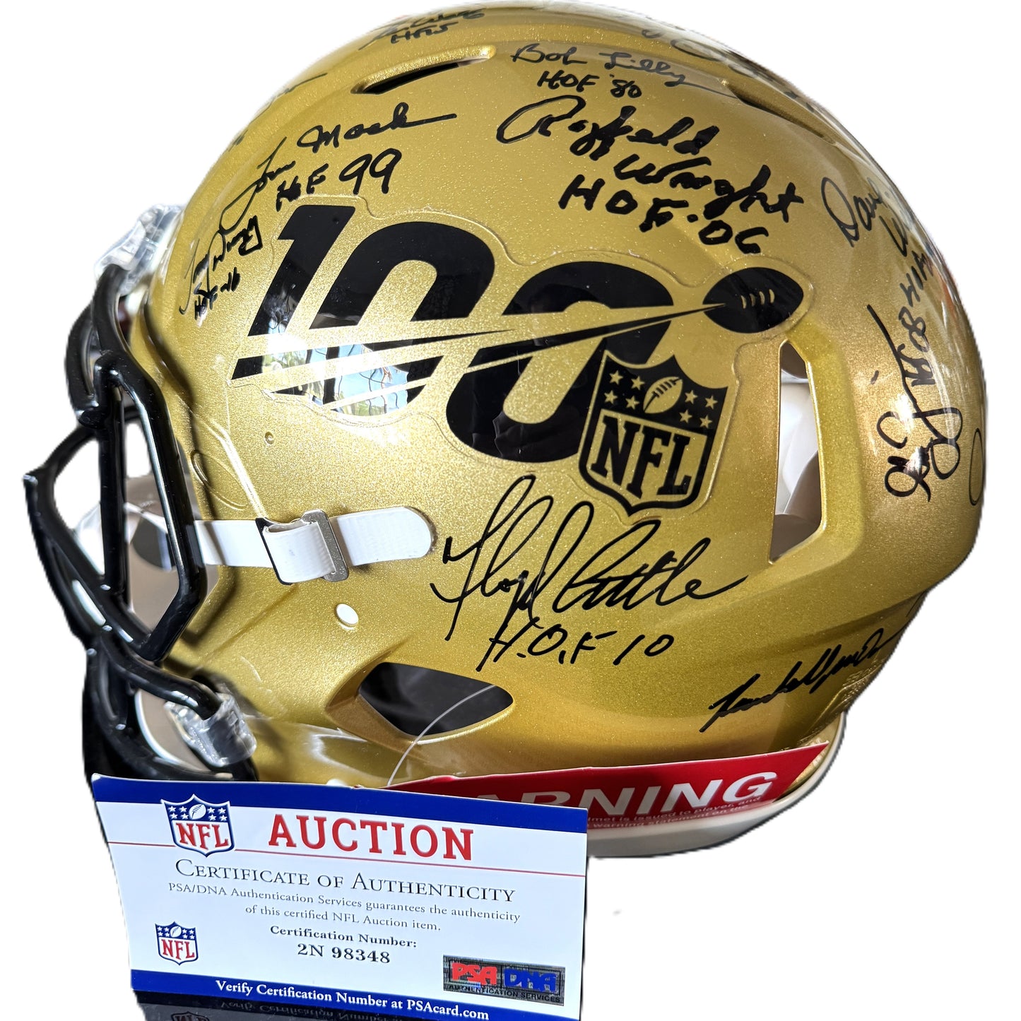 Multi Signed over 25 signatures ✍️ Gold 🟡 100th 💯 Season Authentic Full-size Speed NFL Helmet ✨ with PSA 🛡️Authenticity 🖊️Tony Dungy Mel Renfro Tim Brown Bobby Beathard Anthony Muñoz