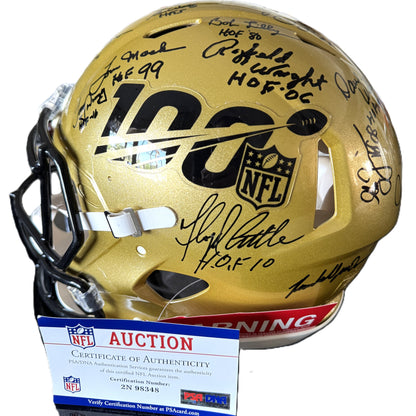 Multi Signed over 25 signatures ✍️ Gold 🟡 100th 💯 Season Authentic Full-size Speed NFL Helmet ✨ with PSA 🛡️Authenticity 🖊️Tony Dungy Mel Renfro Tim Brown Bobby Beathard Anthony Muñoz