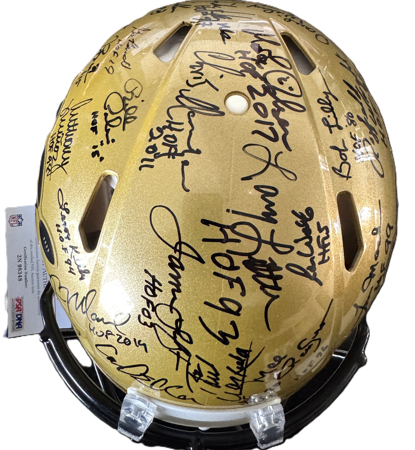 Multi Signed over 25 signatures ✍️ Gold 🟡 100th 💯 Season Authentic Full-size Speed NFL Helmet ✨ with PSA 🛡️Authenticity 🖊️Tony Dungy Mel Renfro Tim Brown Bobby Beathard Anthony Muñoz