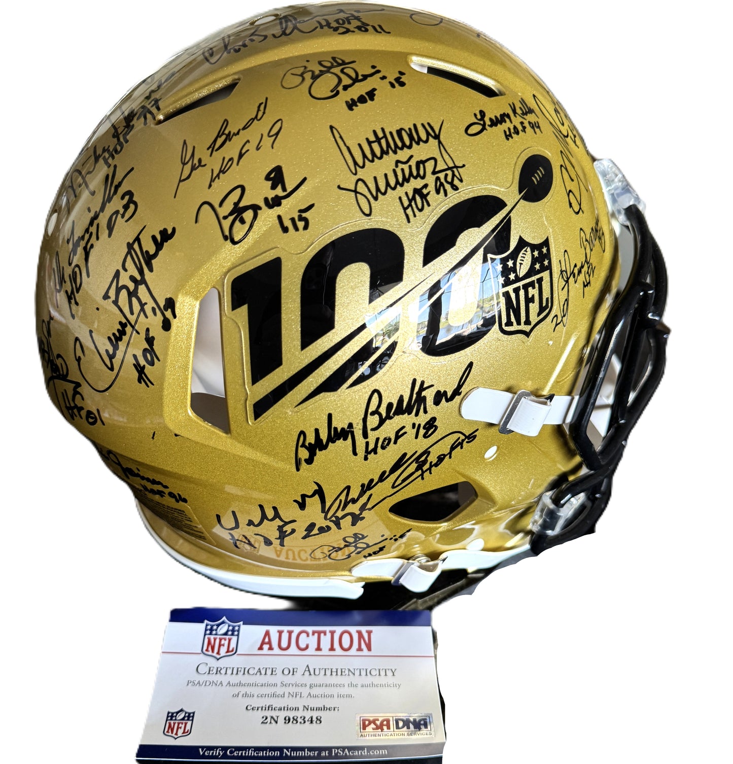 Multi Signed over 25 signatures ✍️ Gold 🟡 100th 💯 Season Authentic Full-size Speed NFL Helmet ✨ with PSA 🛡️Authenticity 🖊️Tony Dungy Mel Renfro Tim Brown Bobby Beathard Anthony Muñoz