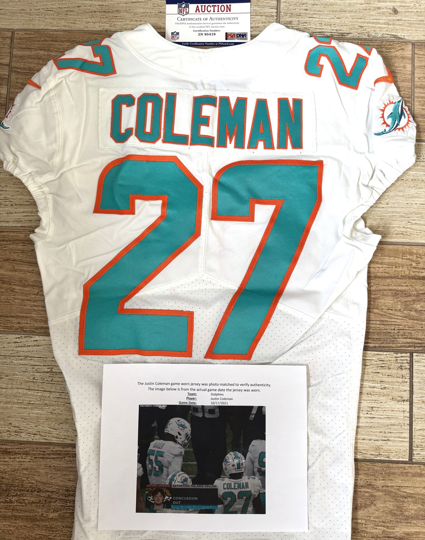 Justin Coleman GAME WORN 10/17/21 PHOTO MATCHED 📸 Miami Dolphins🐬On-Field Jersey 🎽 inc. PSA Authenticity 🛡️ vs Jacksonville Jaguars