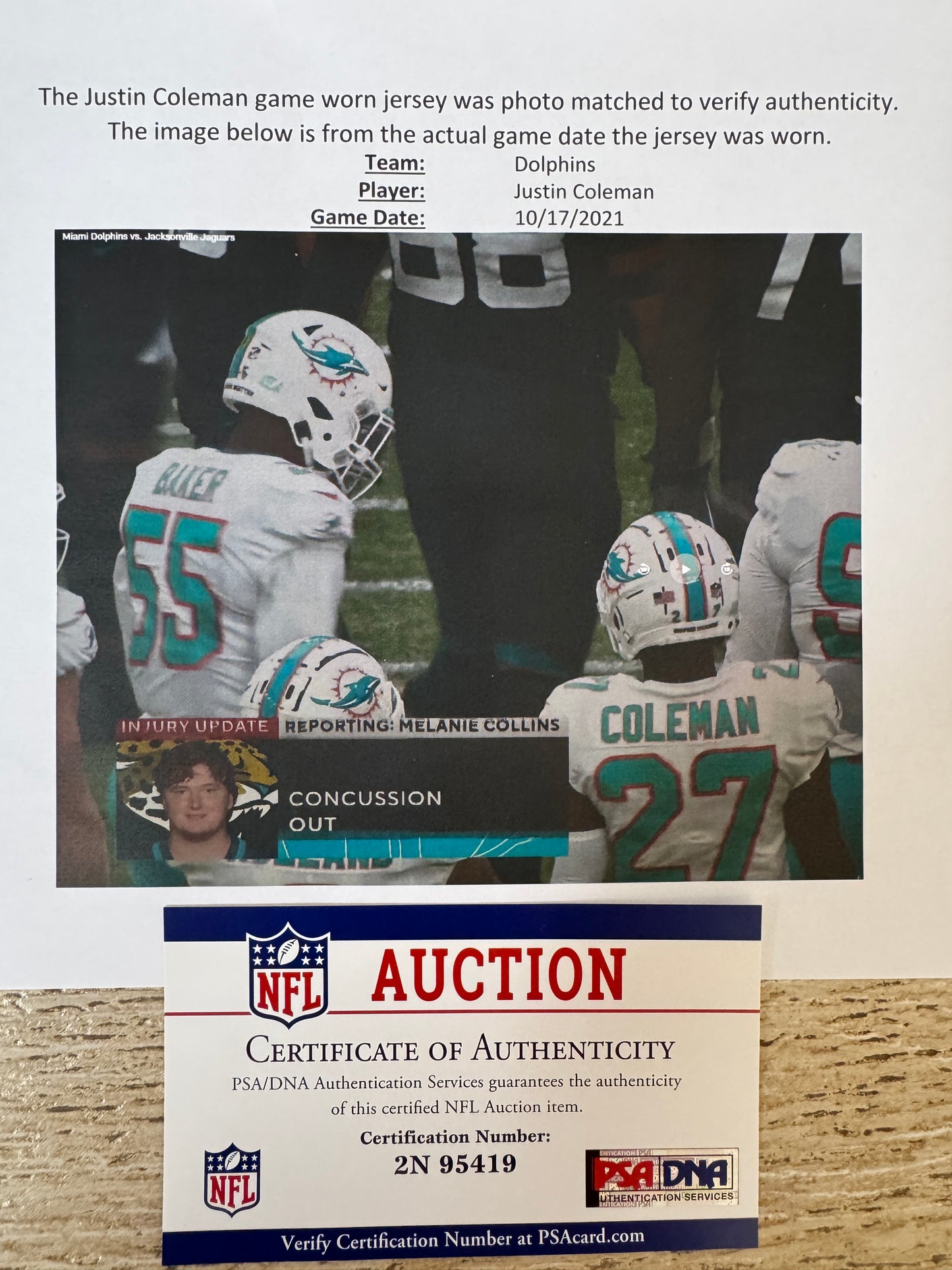 Justin Coleman GAME WORN 10/17/21 PHOTO MATCHED 📸 Miami Dolphins🐬On-Field Jersey 🎽 inc. PSA Authenticity 🛡️ vs Jacksonville Jaguars