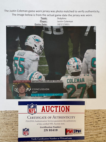 Justin Coleman GAME WORN 10/17/21 PHOTO MATCHED 📸 Miami Dolphins🐬On-Field Jersey 🎽 inc. PSA Authenticity 🛡️ vs Jacksonville Jaguars