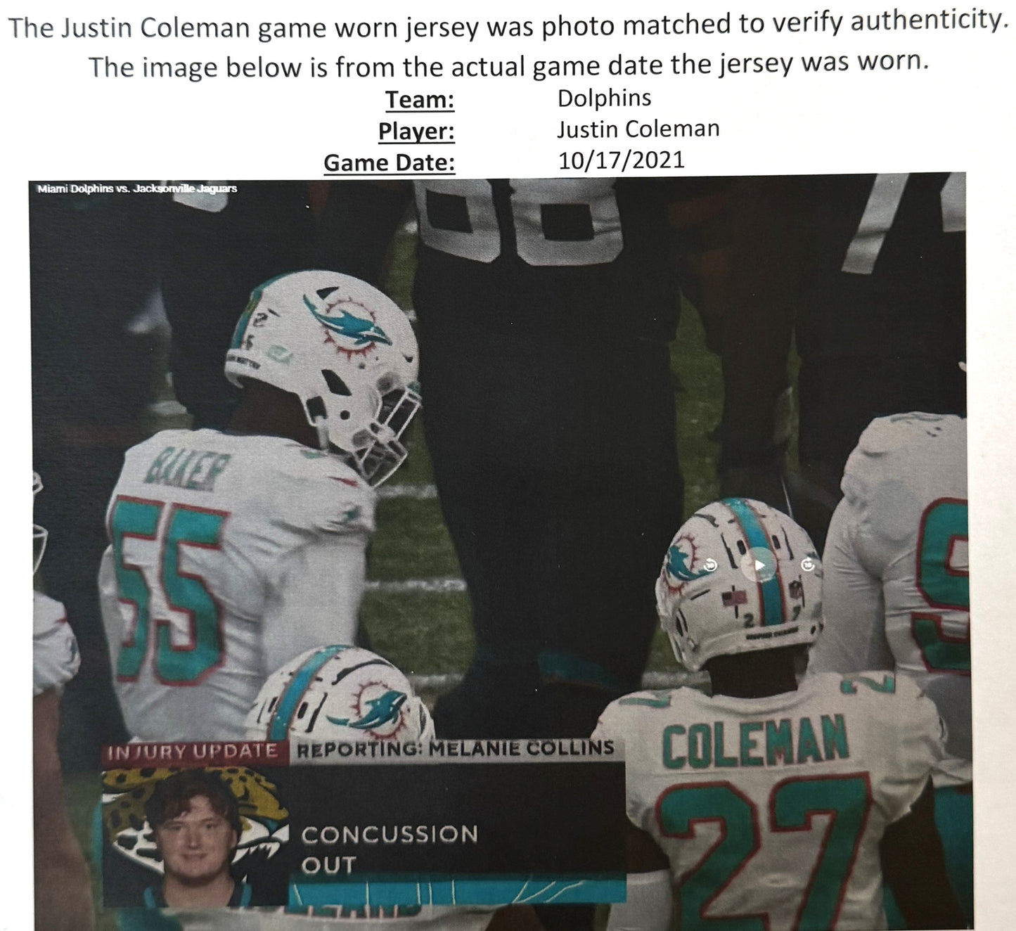 Justin Coleman GAME WORN 10/17/21 PHOTO MATCHED 📸 Miami Dolphins🐬On-Field Jersey 🎽 inc. PSA Authenticity 🛡️ vs Jacksonville Jaguars