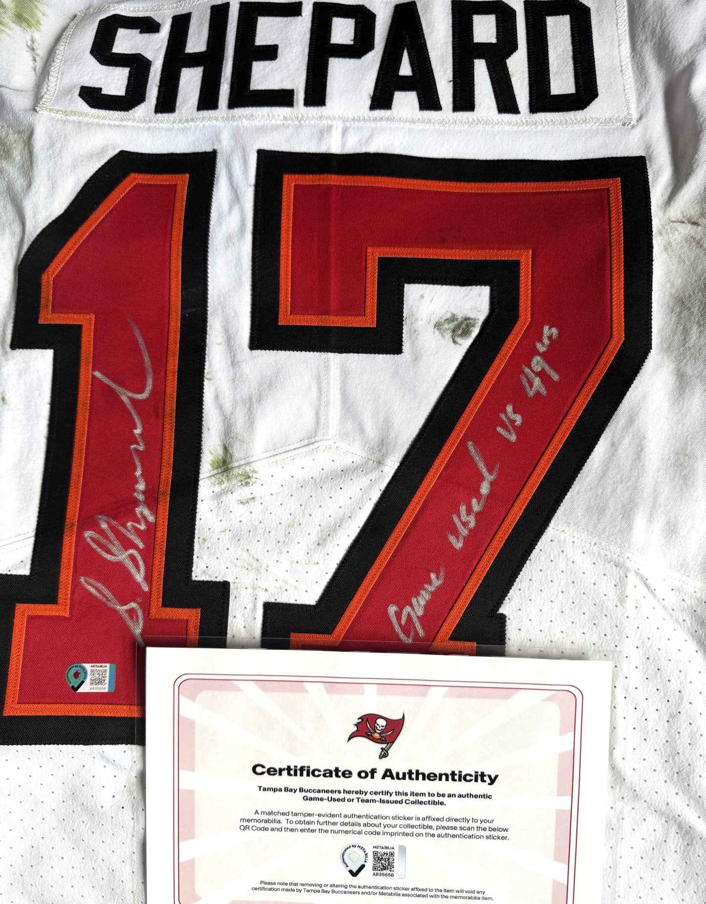 Sterling Shepard Signed and Inscribed GAME WORN 10/12/25 Tampa Bay Buccaneers Jersey vs. San Francisco 49ers Also includes COA 🛡️