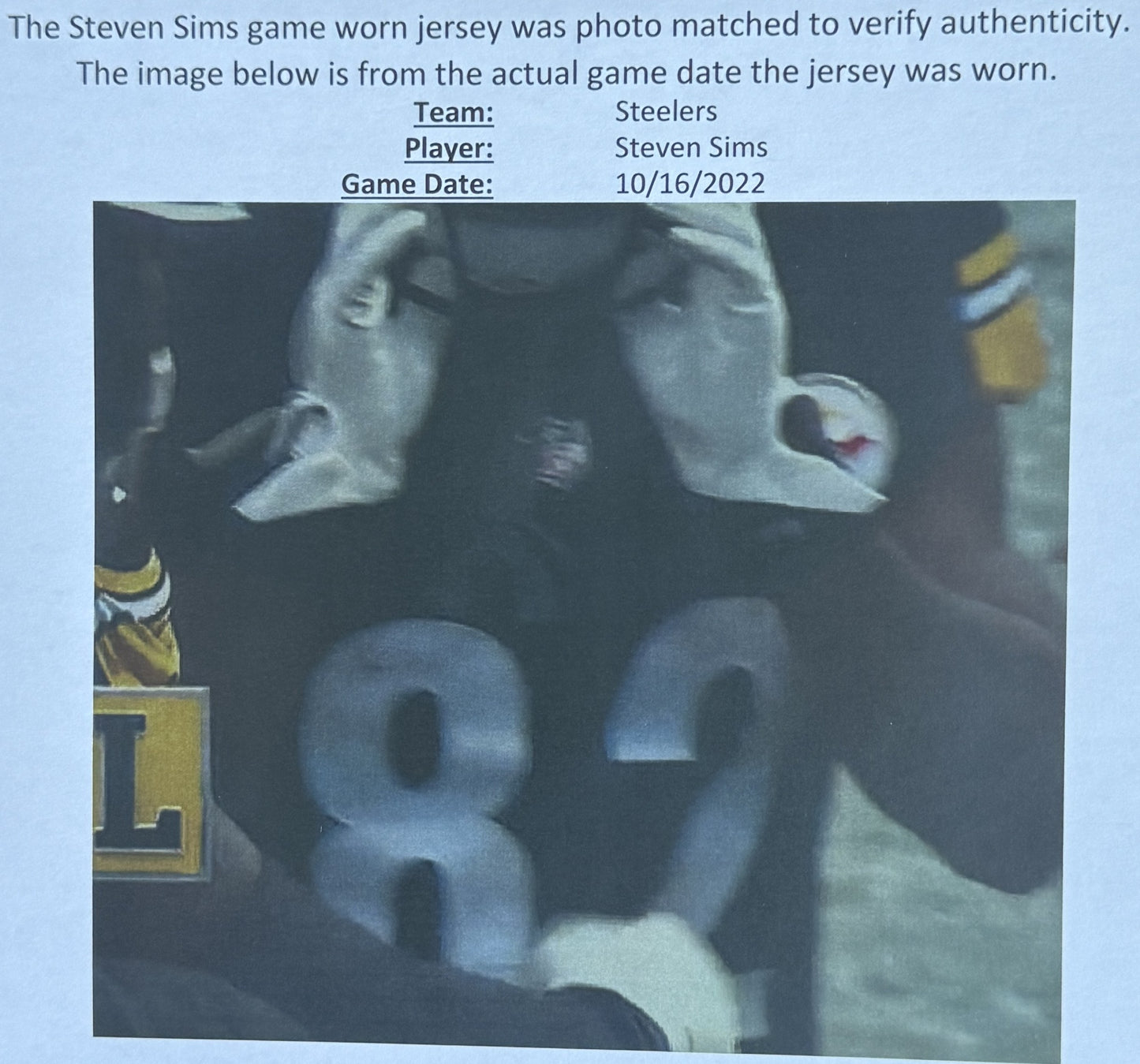 Steven Sims GAME WORN 💪10/16/22 PHOTO-MATCHED 📸 Pittsburgh Steelers On-Field NFL Jersey vs. Tampa Bay Buccaneers Also includes PSA Authenticity 🛡️