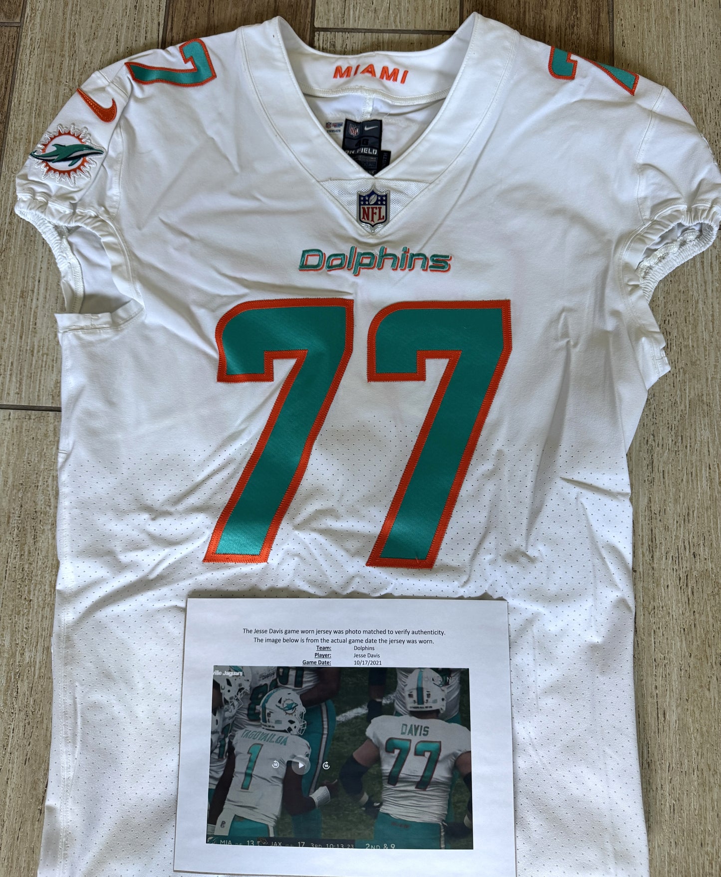 Jesse Davis GAME WORN 💪 10/17/21 PHOTO MATCHED 📸 Miami Dolphins 🐬 Nike On-Field NFL Jersey🎽 inc. PSA Authenticity 🛡️ vs Jacksonville Jaguars