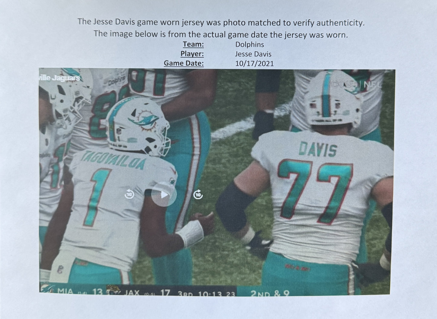 Jesse Davis GAME WORN 💪 10/17/21 PHOTO MATCHED 📸 Miami Dolphins 🐬 Nike On-Field NFL Jersey🎽 inc. PSA Authenticity 🛡️ vs Jacksonville Jaguars
