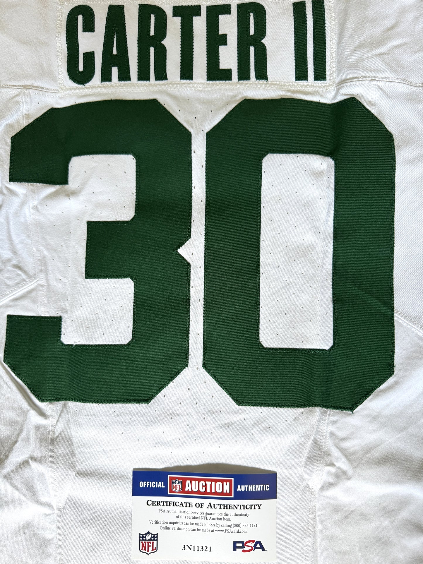 Michael Carter II GAME USED 💪 10/06/2024 New York Jets Nike NFL Jersey 👕vs. Minnesota Vikings London Matchup 🌍 Also includes PSA Authenticity🛡️
