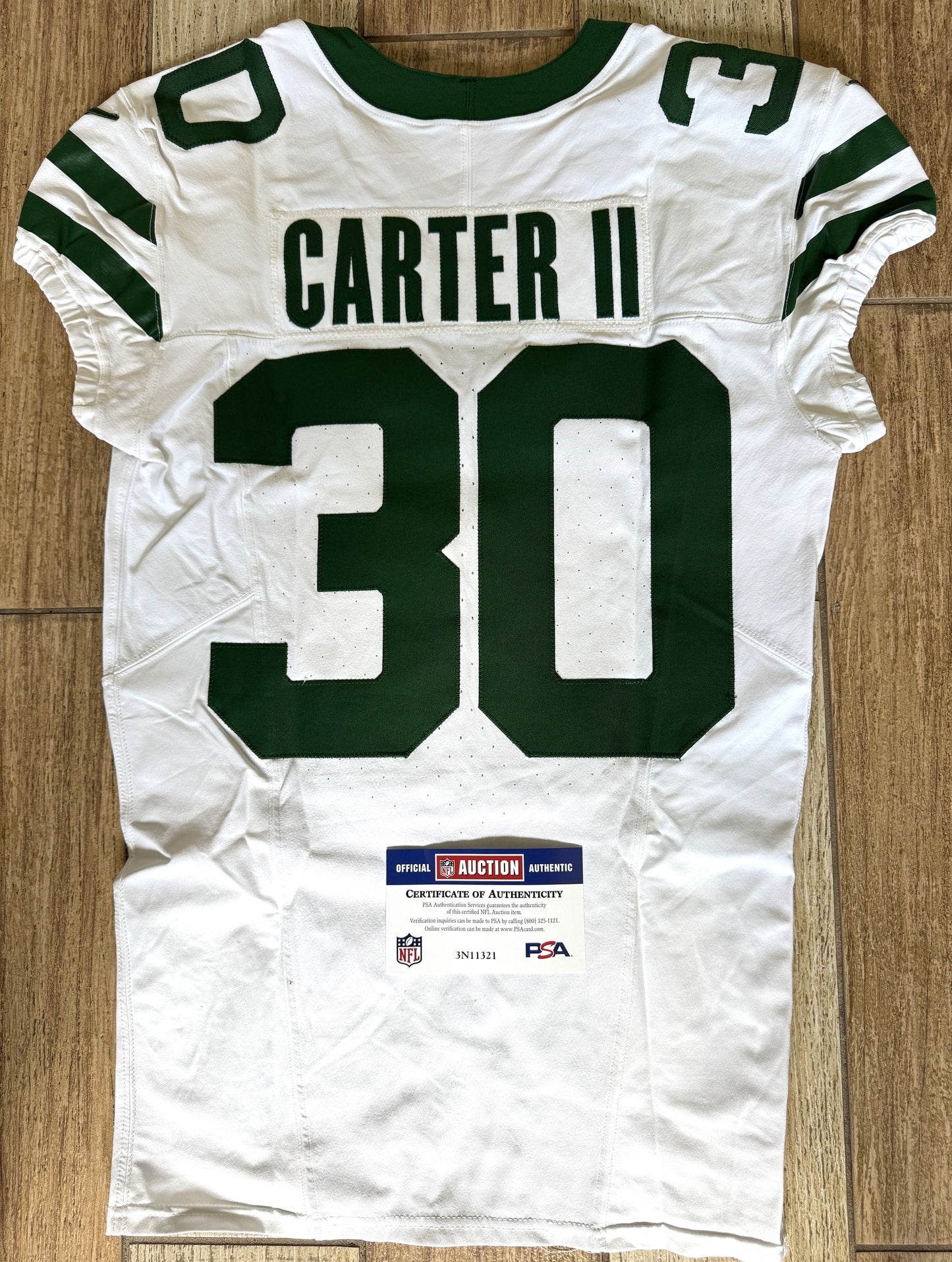 Michael Carter II GAME USED 💪 10/06/2024 New York Jets Nike NFL Jersey 👕vs. Minnesota Vikings London Matchup 🌍 Also includes PSA Authenticity🛡️