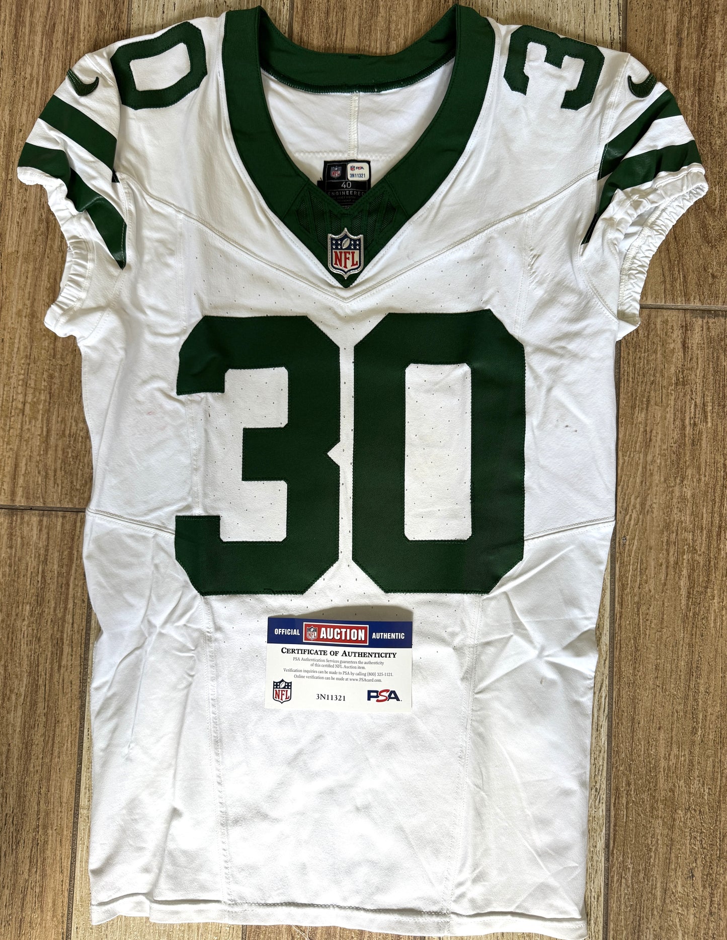 Michael Carter II GAME USED 💪 10/06/2024 New York Jets Nike NFL Jersey 👕vs. Minnesota Vikings London Matchup 🌍 Also includes PSA Authenticity🛡️