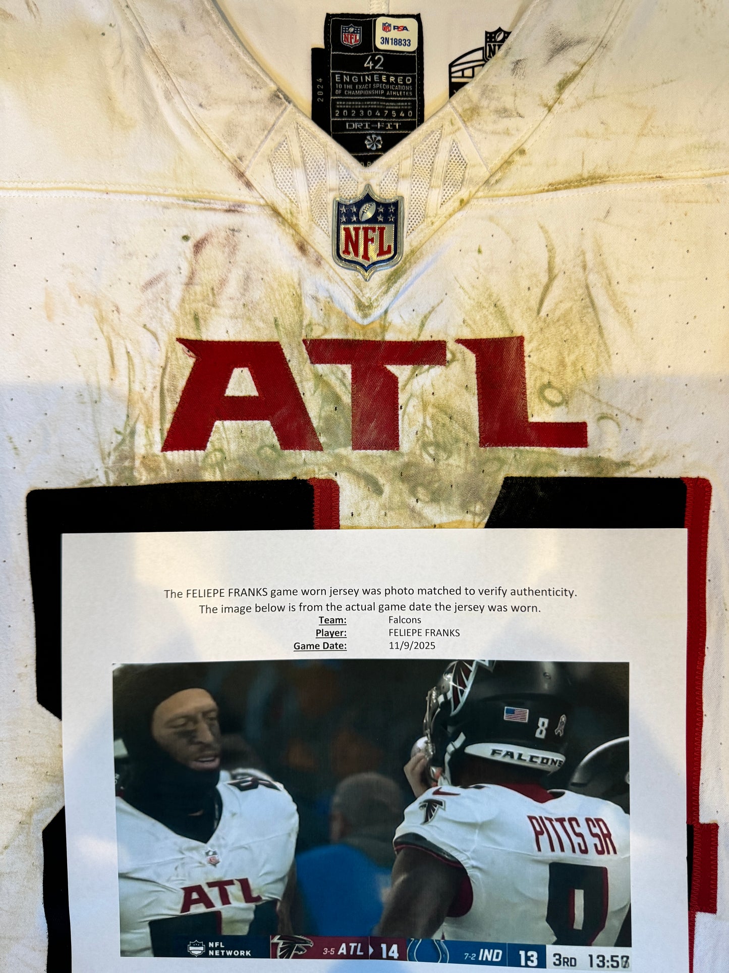 Feliepe Franks GAME WORN💪11/09/25 PHOTO MATCHED Atlanta Falcons NFL Jersey vs Indianapolis Colts Also includes PSA Authentication