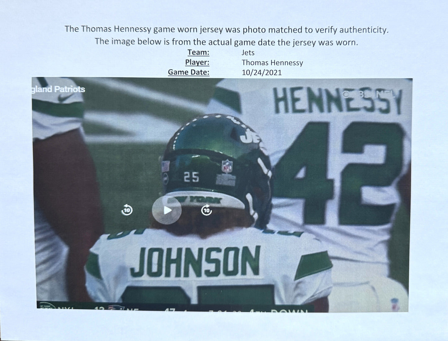 Thomas Hennessy GAME WORN 💪 10/24/21 PHOTO MATCHED 📸 New York Jets Nike NFL Jersey 👕vs. New England Patriots Includes PSA Authenticity🛡️