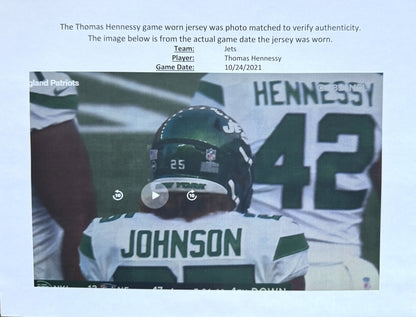 Thomas Hennessy GAME WORN 💪 10/24/21 PHOTO MATCHED 📸 New York Jets Nike NFL Jersey 👕vs. New England Patriots Includes PSA Authenticity🛡️