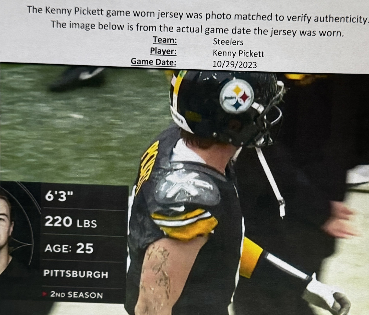 Kenny Pickett GAME WORN🦾10/29/2023 PHOTO MATCHED📸Pittsburgh Steelers NFL Jersey💯vs. Jacksonville Jaguars