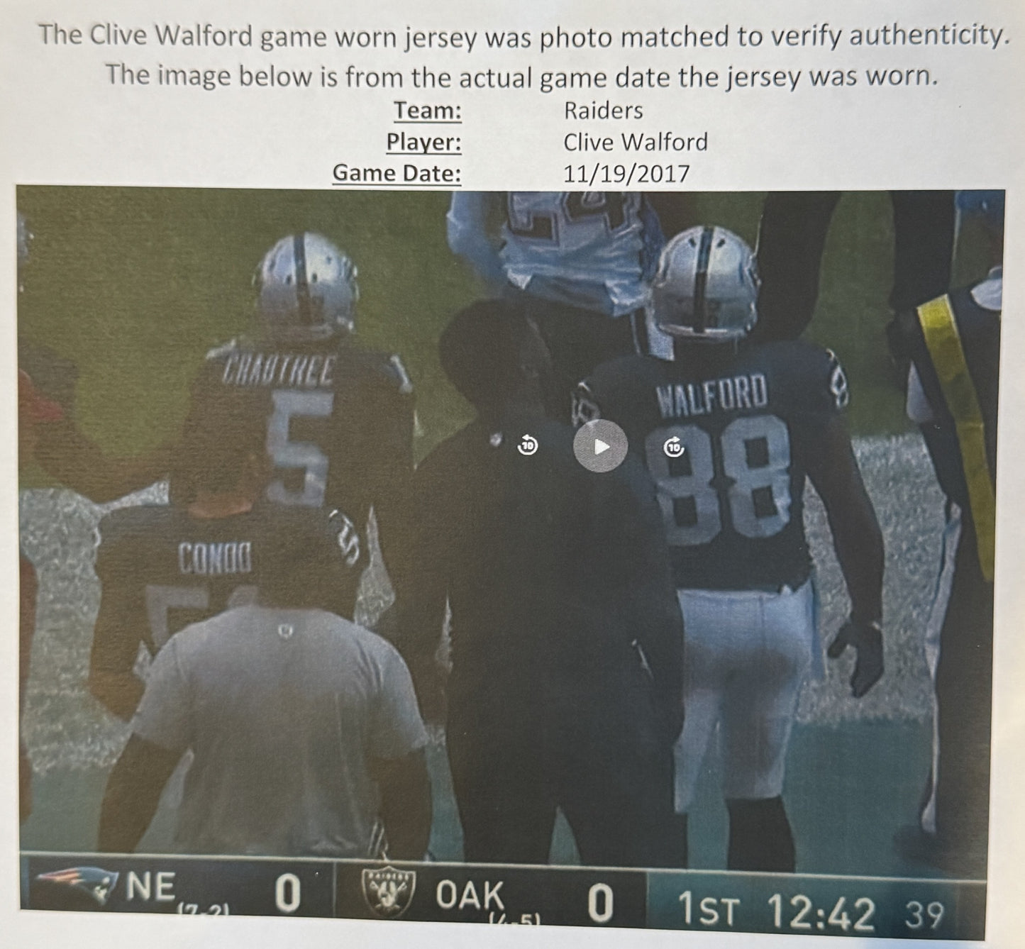 Clyde Walford GAME WORN🦾11/19/17 PHOTO MATCHED📸Las Vegas Raiders🏴NFL Jersey vs. New England Patriots
